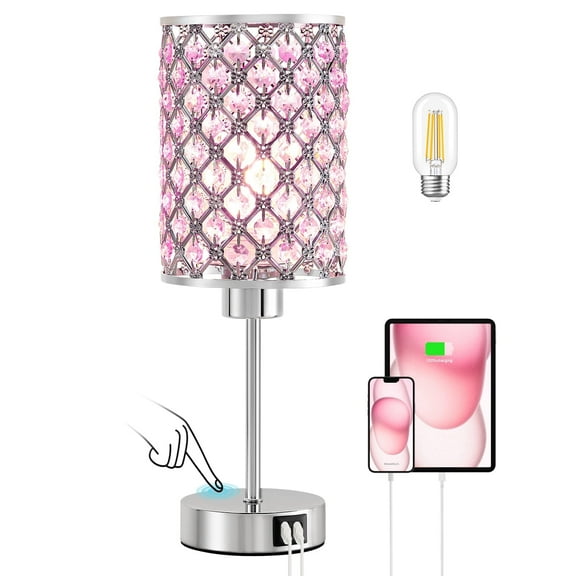 NATYSWAN Touch Crystal Table Lamp, 3-Way Dimmable Nightstand Lamp with USB Ports,Modern Bedside Lamp for Bedroom, Living Room,Pink