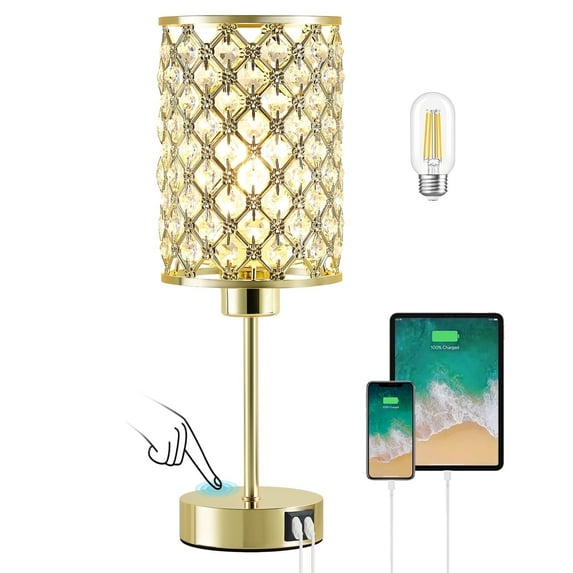 NATYSWAN Touch Crystal Table Lamp for Living Room,Small Bedside Nightstand Lamp with USB C+A Ports,3-Way Dimmable Modern Gold Lamp for Bedroom,Office,Reading