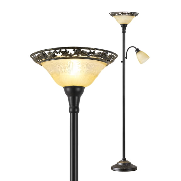 NATYSWAN Victorian Floor Lamp, 70" Elegant Standing Lamp with Etched Glass Shade, Metal Body & Heavy Base, Vintage Tall Corner Lamp for Bedroom, Living Room, Den, Office. No Bulbs (2 Head)