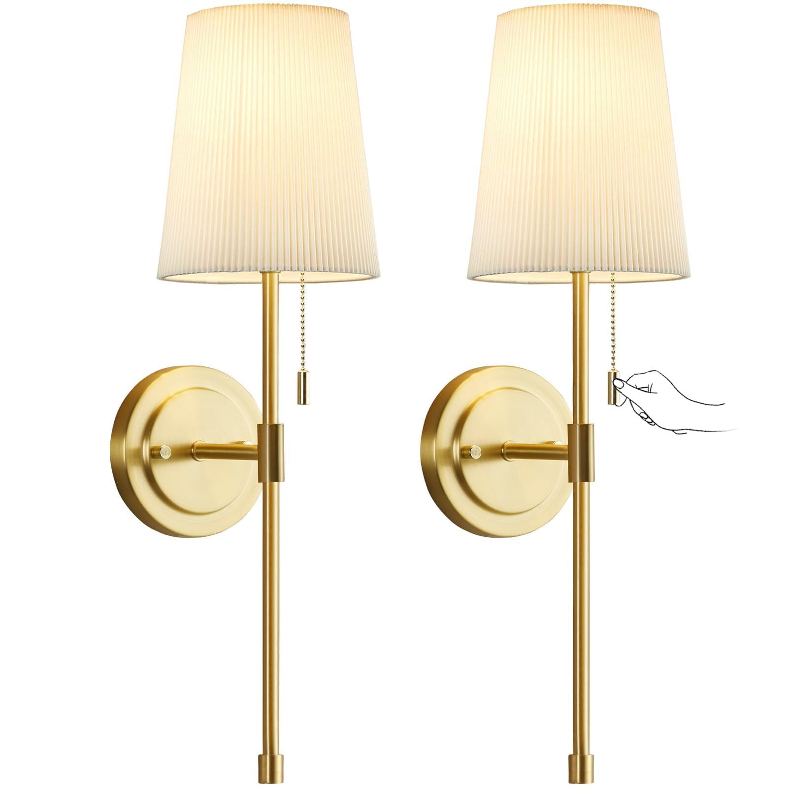 NATYSWAN Wall Sconces Sets of 2, Retro Industrial Wall Lamps with Pull Chain, Bathroom Vanity Sconces Wall Lighting with White Fabric Shade