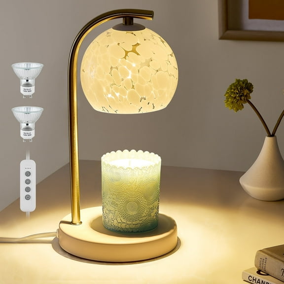 NATYSWAN White Glass Electric Candle Warmer with Timer & Dimmer Wax Melts Warmer for Candle Jars, Ideal Gift, Bedroom Home Decor, No Flame Scented Candle Warmer with 2 Bulbs