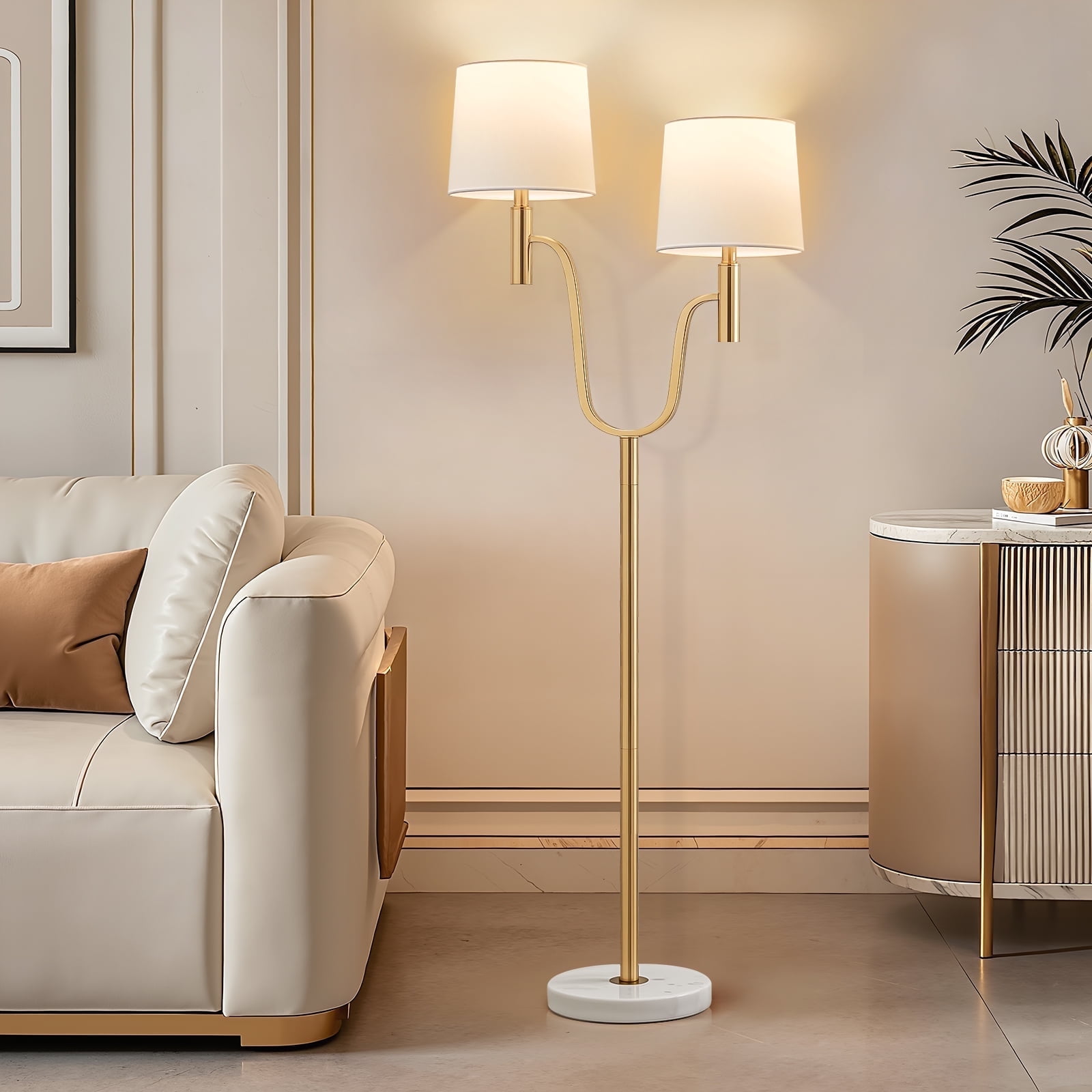 NATYSWAN marble base dual head floor lamp with 2 9W LED bulbs and pedal switch, modern light luxury style, suitable for living room and bedroom
