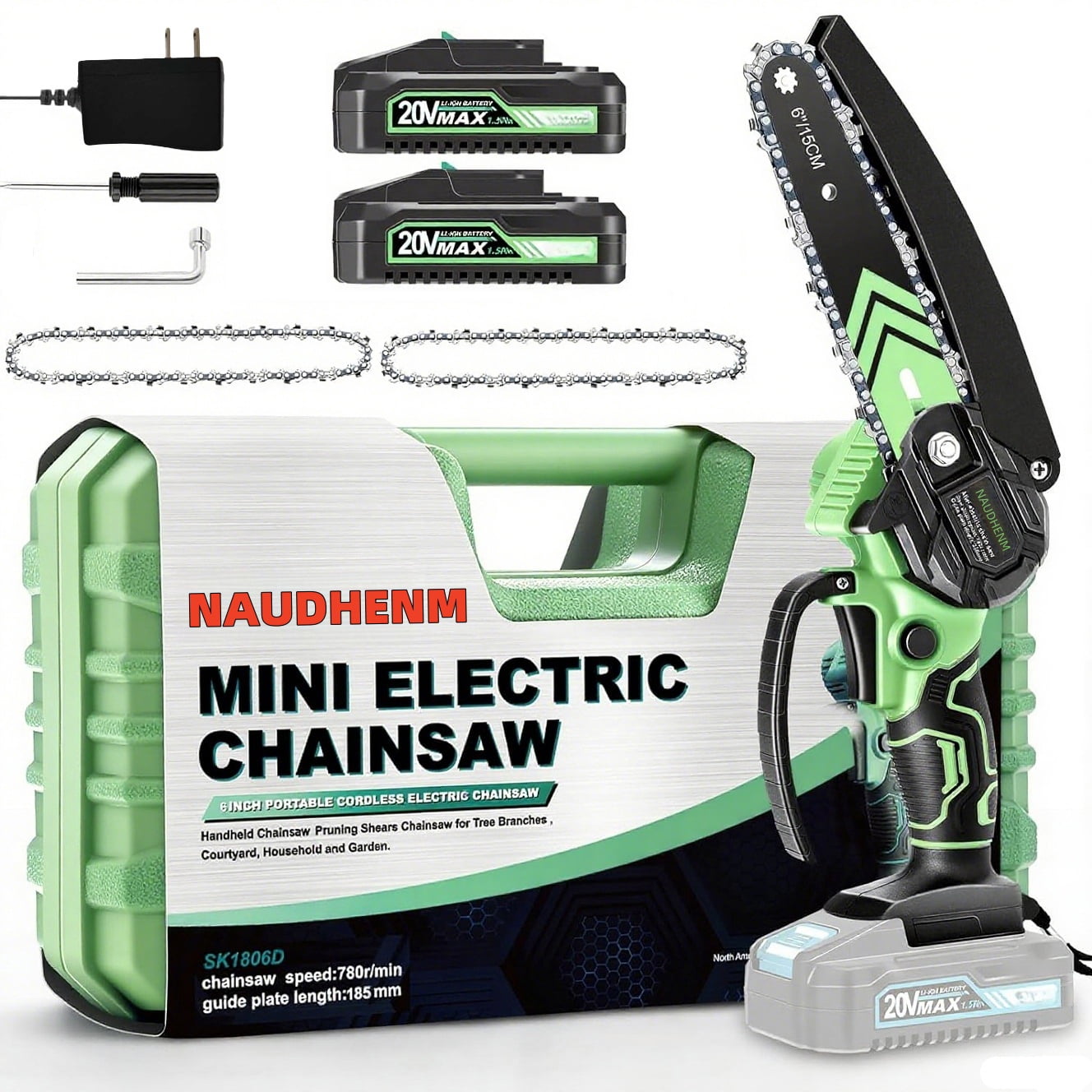 NAUDHENM 7.29-Inch Cordless Handheld Chain Saw, 12V, 2 Batteries, 2 Chains