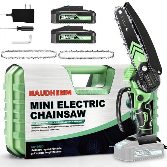 NAUDHENM 7.29-Inch Cordless Handheld Chain Saw, 12V, 2 Batteries, 2 Chains