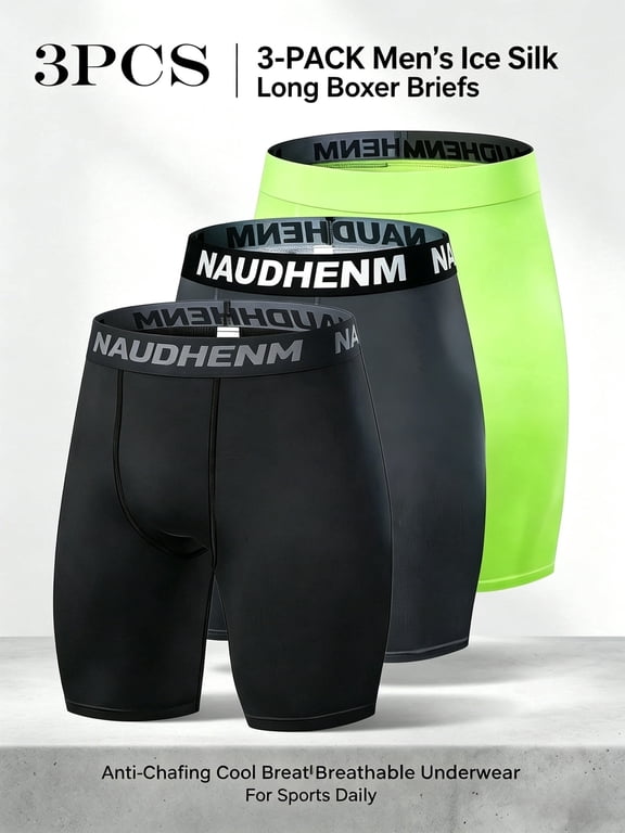 Men's Ice Silk Anti-Chafing Long Boxer Briefs (3-Pack)