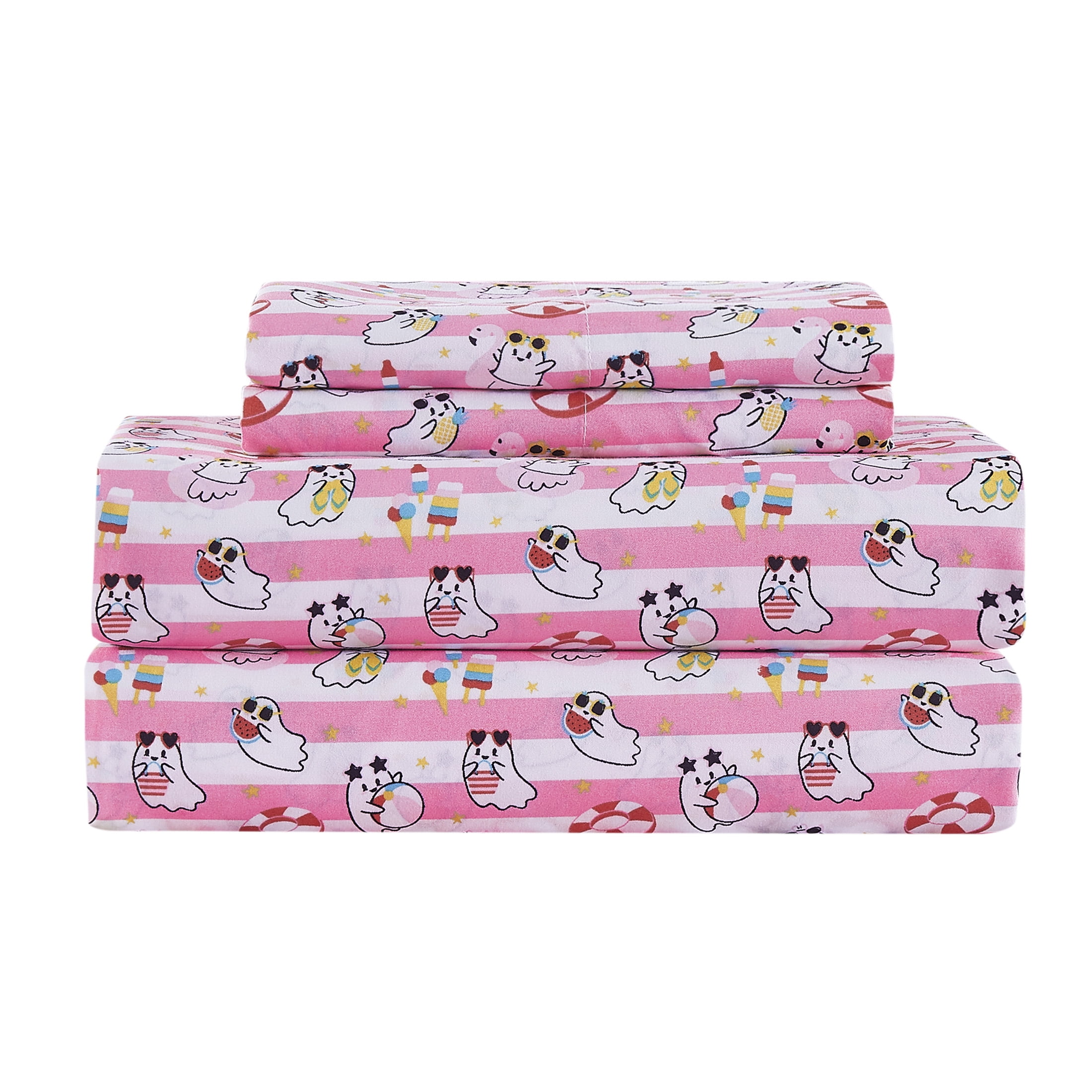 Summerween Soft Microfiber Sheet Set, Pink & White Nautical Ghosts, King