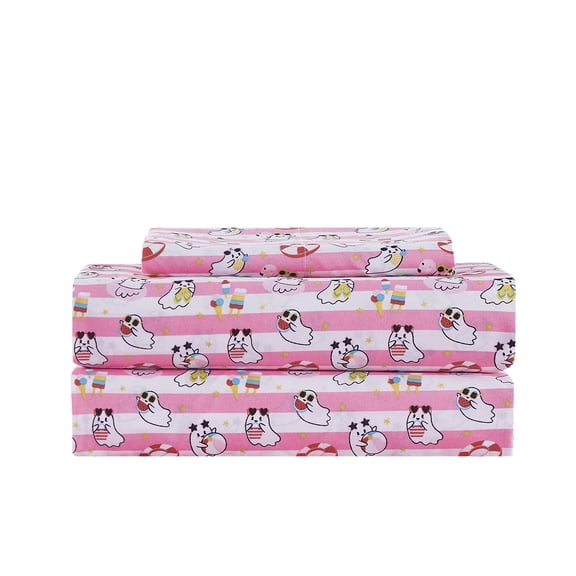 Summerween Soft Microfiber Sheet Set, Pink & White Nautical Ghosts, Twin-XL