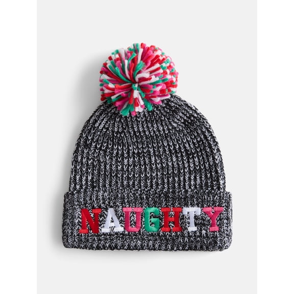 Holiday Time Women's Naughty Nice Beanie Hat, Grey