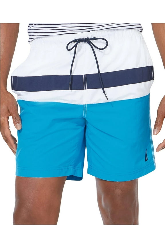 Mens Blue Drawstring, Color Block Classic Fit Moisture Wicking Swim Trunks S