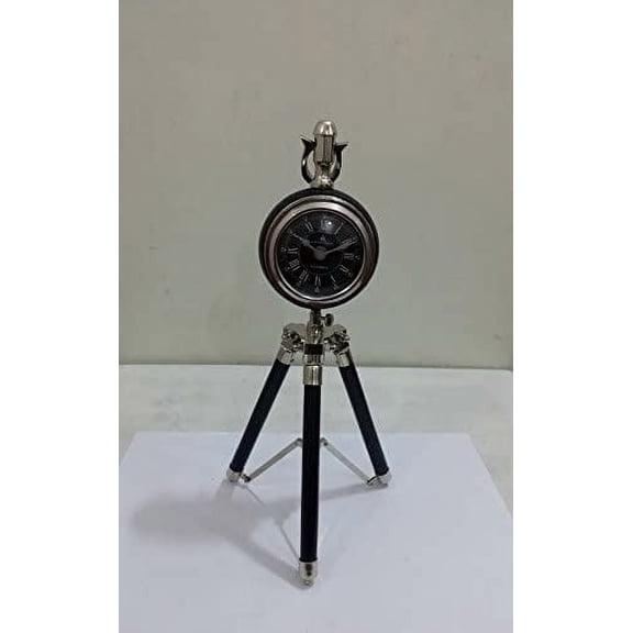 NAUTICAL MARITIME ~ BLACK CHROME CLOCK WITH TRIPOD DESKTOP ~ TABLE CLOCK ~ WORKING CLOCK