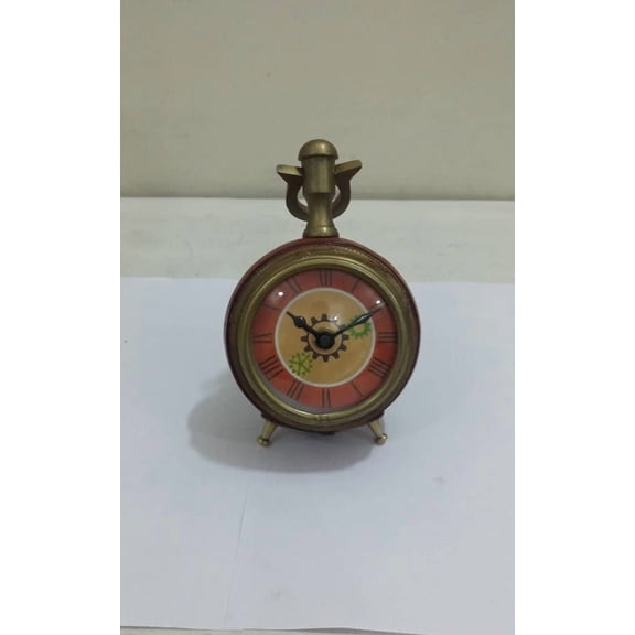 NAUTICAL MARITIME ~ BRASS CLOCK WITH RED LEATHER DESKTOP ~ SMALL TABLE CLOCK ~ WORKING CLOCK
