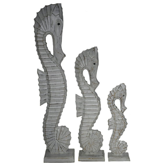 NAUTICAL SET OF 3 WOOD TEAL BLUE AQUA SEAHORSES SCULPTURE STATUE ART DECOR 32" 24" 16"