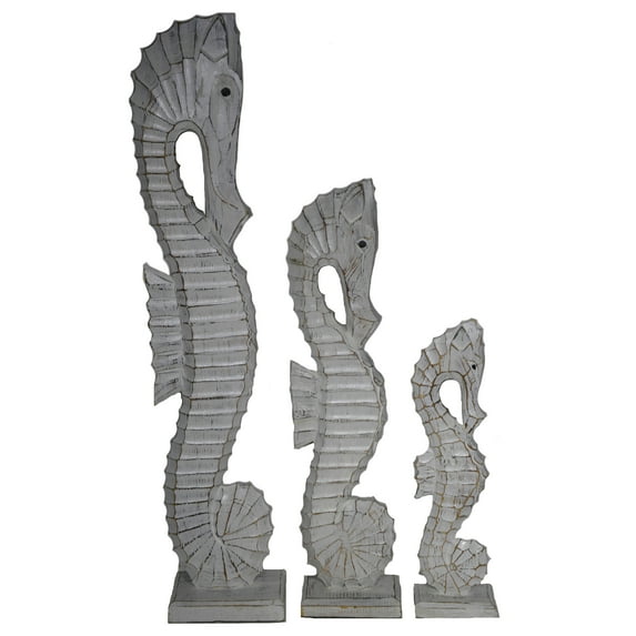 NAUTICAL SET OF 3 WOOD TEAL BLUE AQUA SEAHORSES SCULPTURE STATUE ART DECOR 32" 24" 16"