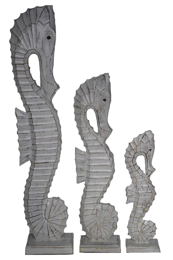 NAUTICAL SET OF 3 WOOD TEAL BLUE AQUA SEAHORSES SCULPTURE STATUE ART DECOR 32" 24" 16"