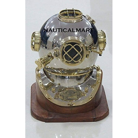 NAUTICALMART 18" Scuba Diving Divers Helmet W/Wooden Base U.S Navy Mark V