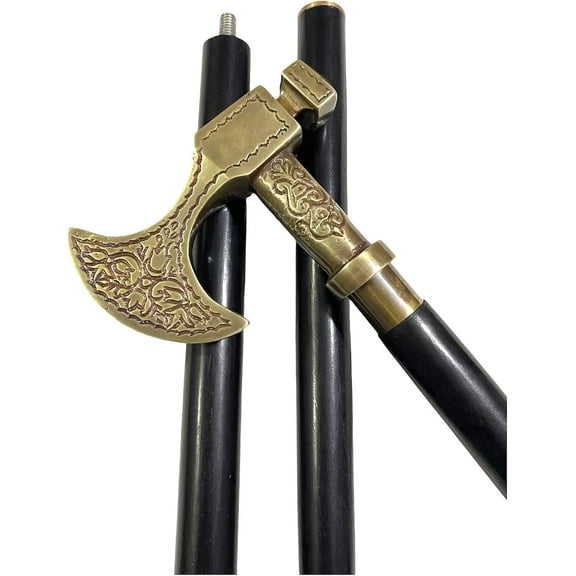 NAUTICALMARTUS Antique Brass Axe Hammer Head Handle Wooden Walking Stick Victorian Nautical Style Cane