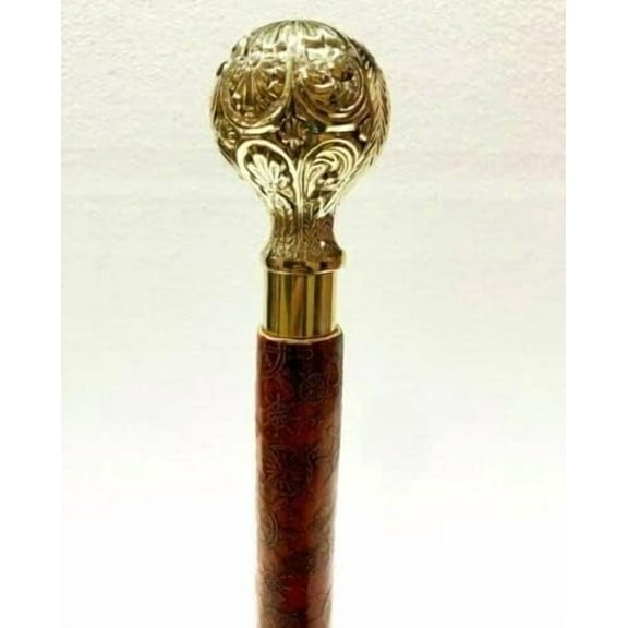NAUTICALMARTUS Antique Brass Design Ball Designer Head Handle Leather Wooden Walking Stick Shaft Cane Decorative Gift