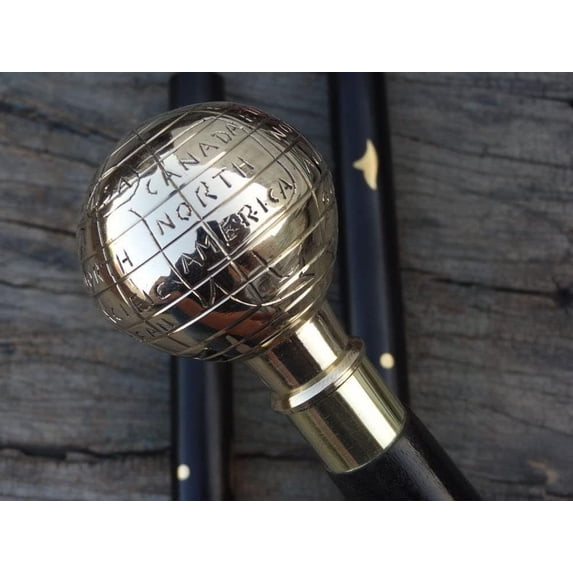 NAUTICALMARTUS Antique Brass Globe Head Handle Wooden Vintage Style Walking Stick Designer Cane