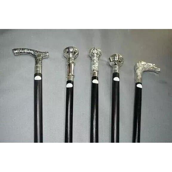 NAUTICALMARTUS BY Set of 5 Pcs Antique Walking Stick Wooden Cane Solid Silver Brass Different Design Head Handle Cane Gift