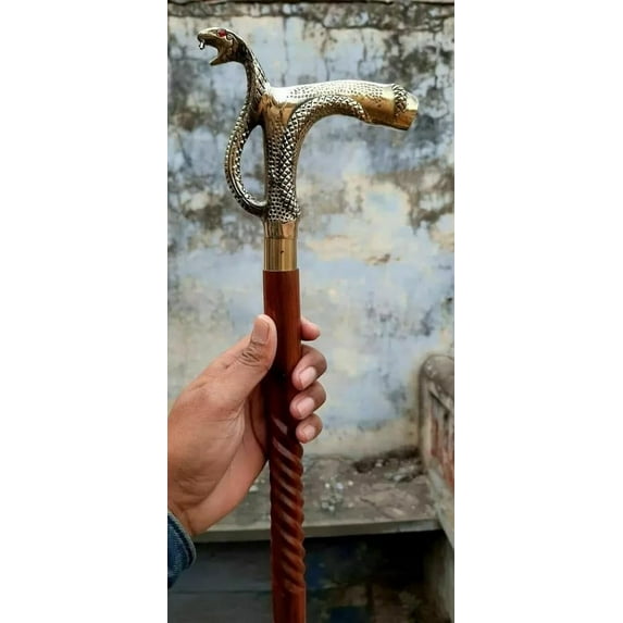NAUTICALMARTUS BY Vintage Brass Cobra Snake Head Handle with Spiral Wooden Walking Cane 36 Inch Gift