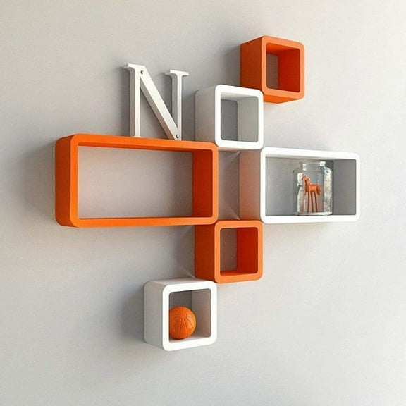 NAUTICALMARTUS BY Decoration Shelf Rack(set of 6) Beautiful Wall Shelves/Book Shelf/Floating Shelves Wall Hanging-Home Decor-Wooden Shelf (Orange & White)