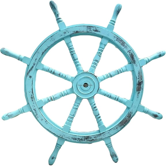 NAUTICALMARTUS Ship Wheel Handcrafted Solid 36 Inch Vintage Blue Center Brass Ship Wheel Antique Collectable Item For Home And Office Dcor Wall Hanging Wooden Ship Wheel