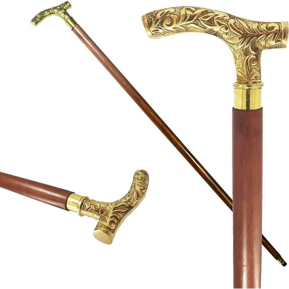 NAUTICALMARTUS Solid Brass Nautical Embossed Brass Derby Head Handle Collectible Style Wooden Walking Stick Cane