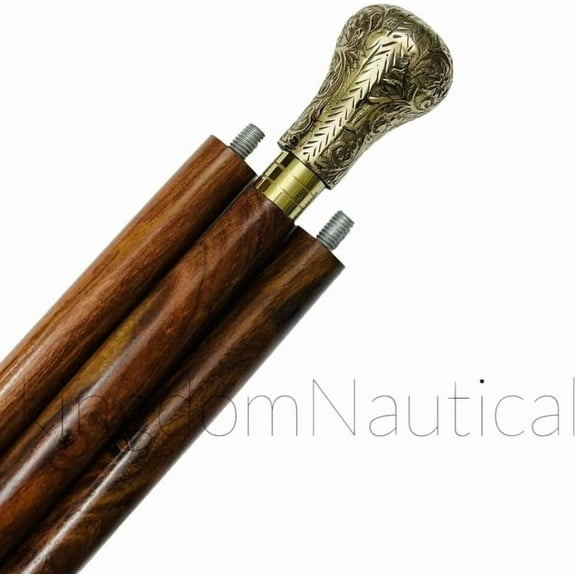NAUTICALMARTUS Victorian Brass Ball Head Handle with Wooden Walking Stick Cane, Designer Walking Cane, Three Fold Stick Gentlemen Gift
