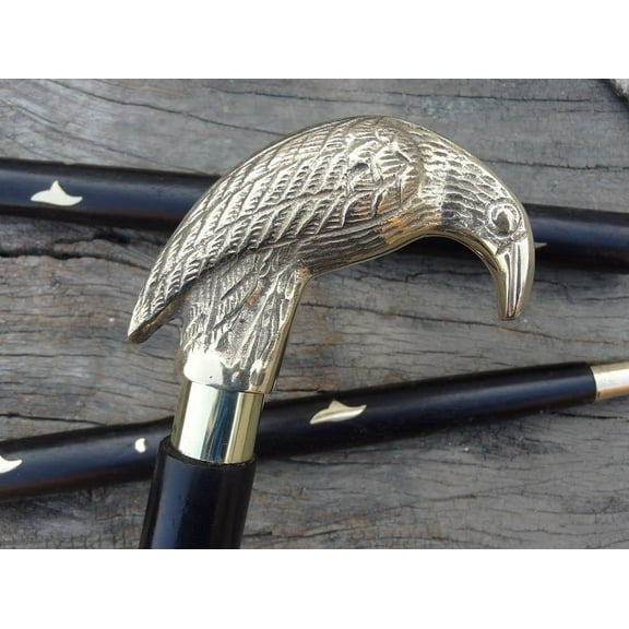 NAUTICALMARTUS Vintage Crow Head Brass Handle Cane Wooden Raven Stick Victorian Walking Steampunk Replica Style Unisex Cane Victorian Brass Walking Cane