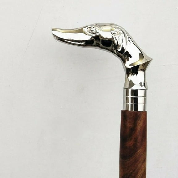NAUTICALMARTUS Vintage Silver Dog Head Brass Handle Cane Wooden Stick Victorian Walking Steampunk Replica Style Unisex Cane Victorian Brass Walking Cane