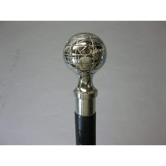 NAUTICALMARTUS Vintage Silver Globe Brass Handle Cane 36" Wooden Stick Victorian Walking Steampunk Replica Style Unisex Cane Victorian Brass Walking Cane