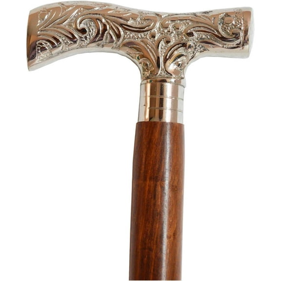 NAUTICALMRTUS Vintage Silver Brass Finish Handle Cane Wooden Derby Stick Victorian Walking Steampunk Replica Style Unisex Cane