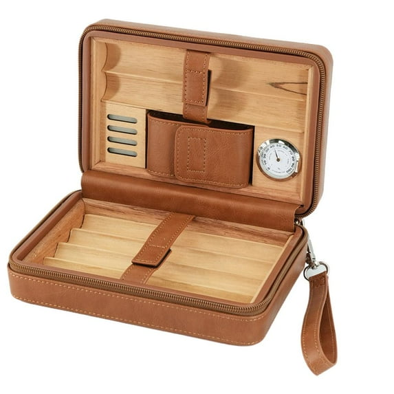 NAUXIU Portable Cigar Humidor Travel Case Box,Cedar Wood Lined Leather Cigar Case,Capacity 6 pcs Built in Hygrometer & Humidifier, Cigar Holder Portable Travel Cigar Humidor Kit S1W7