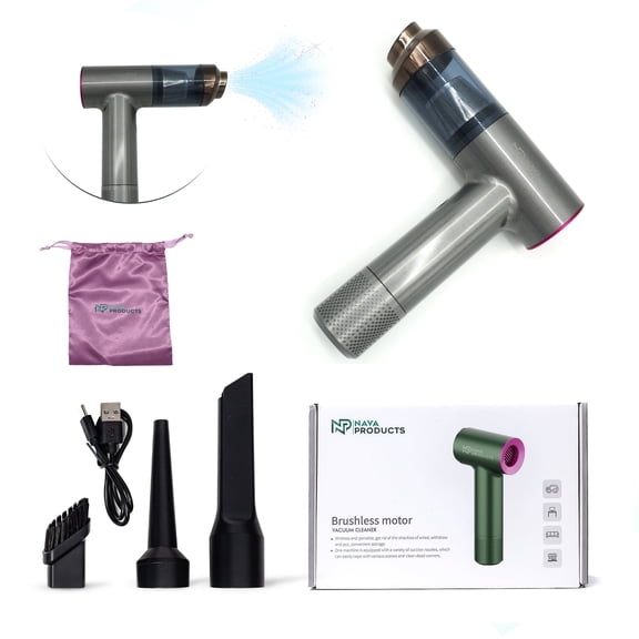 NAVA Products Handheld Car Vacuum Cleaner | Cordless 12000Pa Suction | 2 In 1 Portable Vacuum & Air Duster With Multi-Nozzles | Type-C Rechargeable, Compact Air Blower for Car & Home (Metallic Gray)