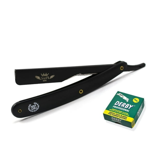 NAVAJA BARBER SHAVETTE RASOR DE RASTRO RECTO + 100 DERBY CUCHILLAS TODO NEGRO