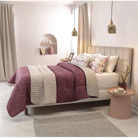 Vianney Navarra Reversible Comforter Set – Queen Size, Burgundy & Cream Floral Design, Elegant All-Season Comfort