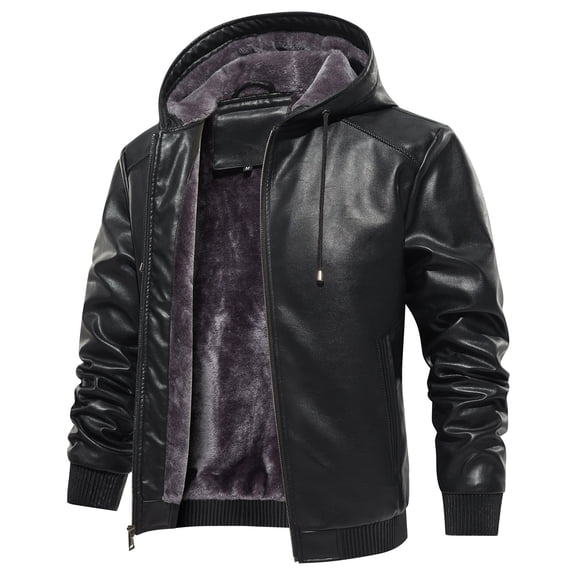 NAVEKULL Men's Faux Leather Jacket Winter Warm Fleece Lined Motorcycle Bomber Jacket with Hood