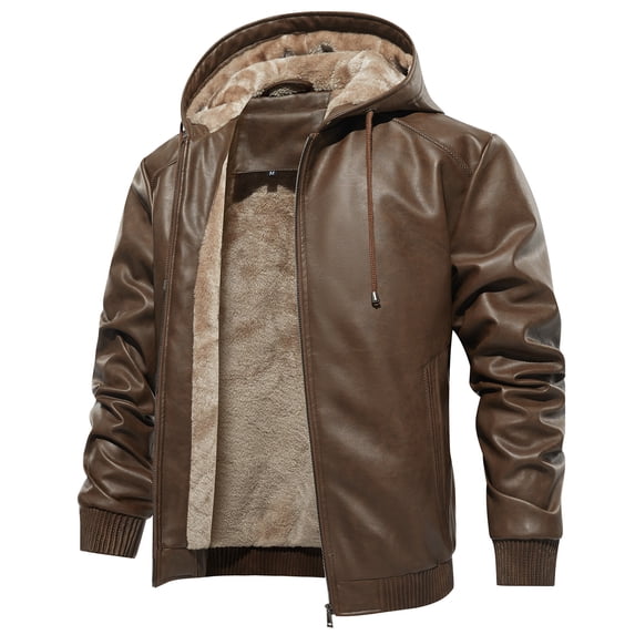 NAVEKULL Men's Faux Leather Jacket Winter Warm Fleece Lined Motorcycle Bomber Jacket with Hood