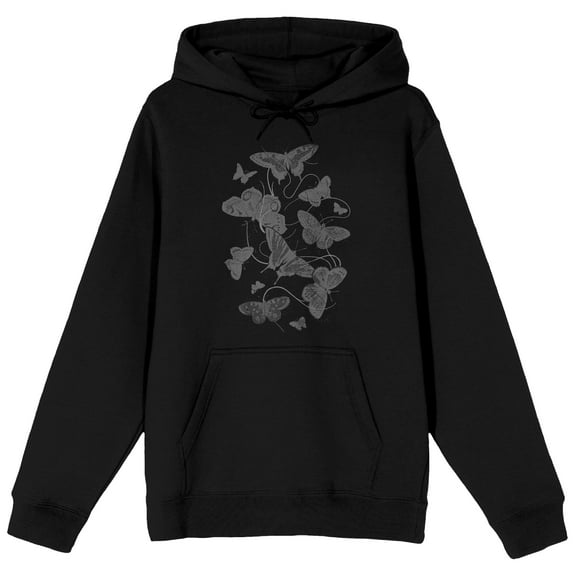 NAVIGIRI Gray Butterflies Adult Black Long Sleeve Hooded Sweatshirt - 3XL
