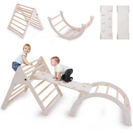 NAVINE 4-in-1 Wooden Pikler Climbing Triangle, Foldable Ladder with Ramp and Arch, Montessori Climber for Toddlers 18m-6yrs