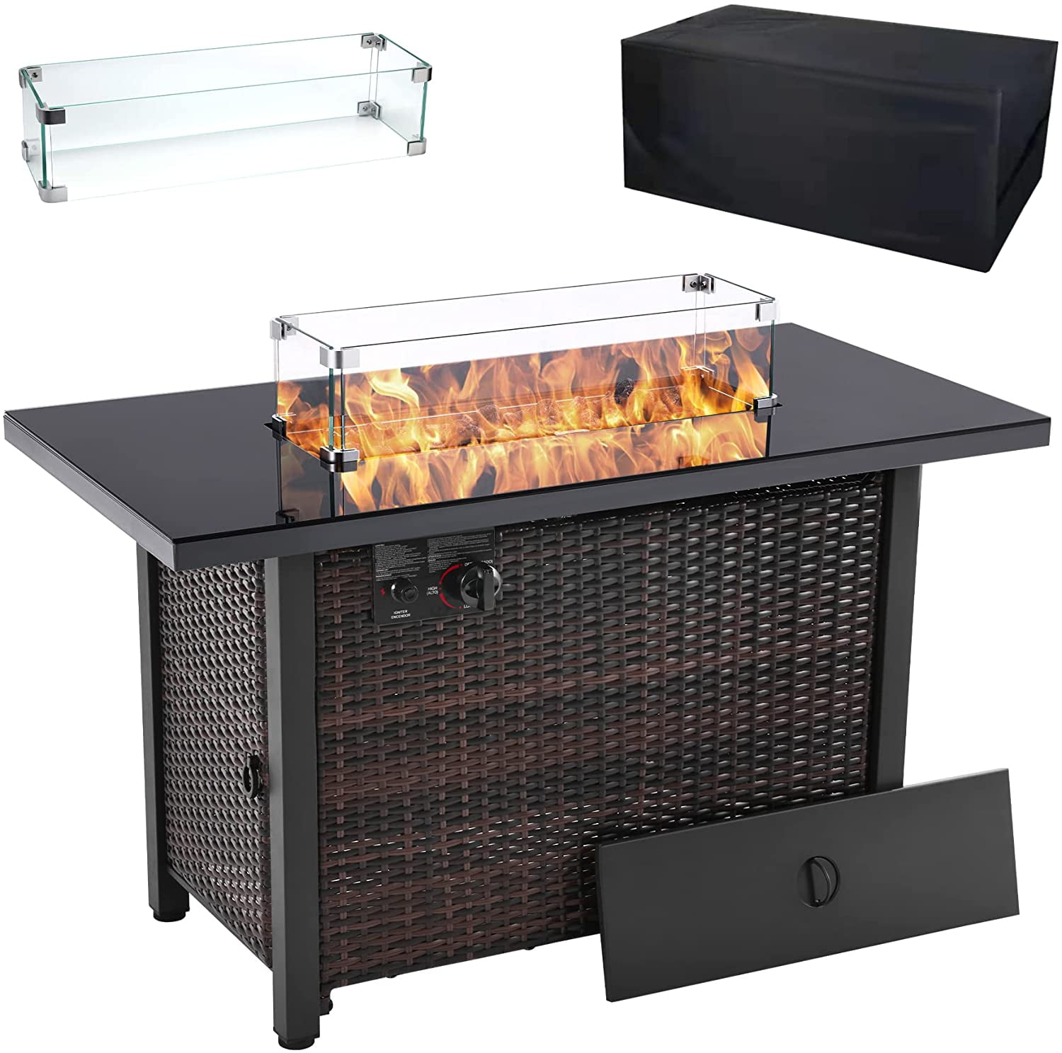 NAVINE 43 inch 60,000 BTU PE Rattan Propane Fire Pit Table Auto-Ignition Outdoor Gas Fire Tables Courtyard Terrace Gardens