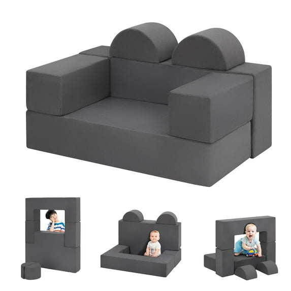 Kids Sofa Couch 6-Pieces, Multifunctional Play Couch Sofa for Kids, Modular Toddler Couch for Playroom, Gift for Kids, Gray