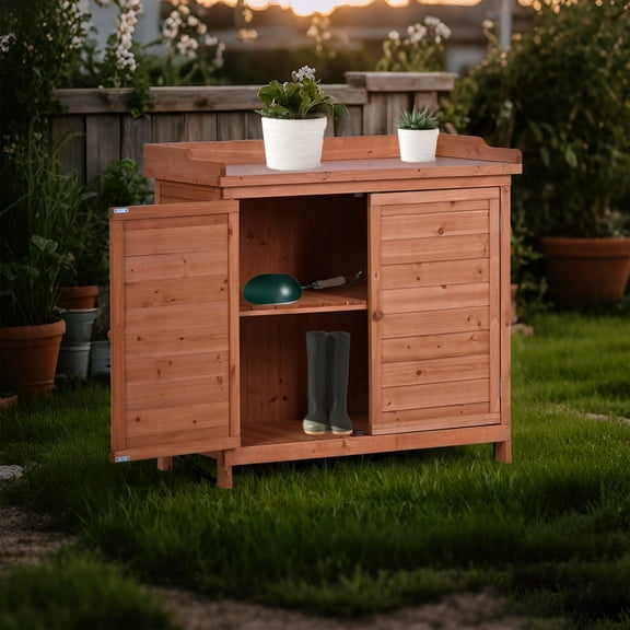 YIYADO Outdoor 39" Potting Bench Table, Rustic Garden Wood Workstation Storage Cabinet Garden Shed with 2-Tier Shelves and Side Hook,Orange