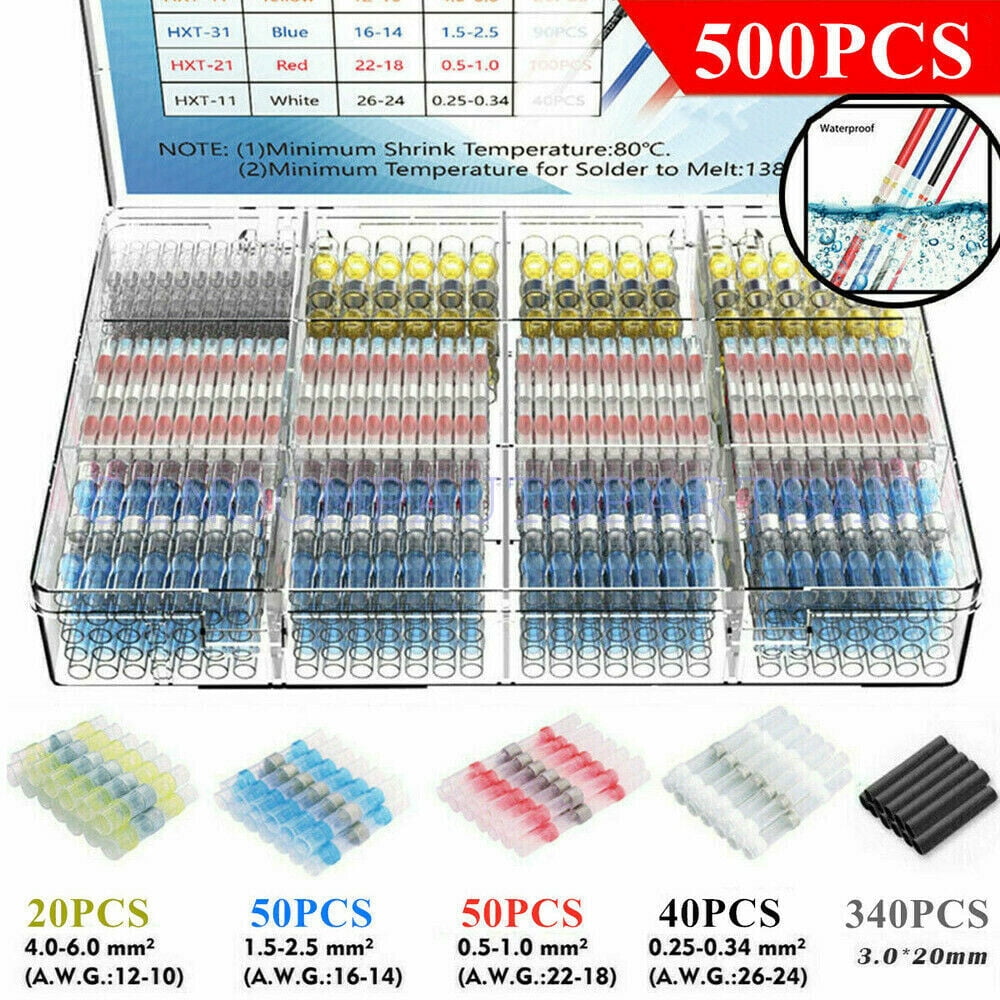NAVOROGE 500PCS Waterproof Heat Shrink Butt Terminals Solder Seal Sleeve Wire Connectors