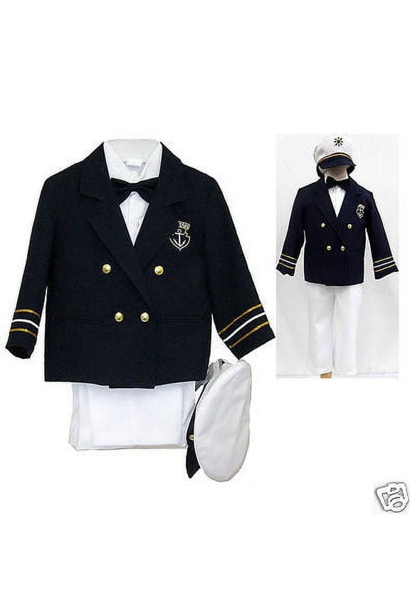 NAVY BABY BOY TODDLER Costume Nautical CAPTAIN SAILOR SUIT Hat White Pants 1-7