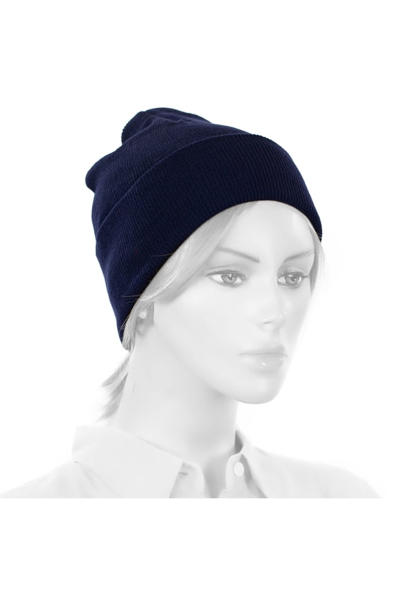 NAVY BEANIE HAT Classic Plain Long Cuff Mens Knit Beanie Sock Cap Adult Size