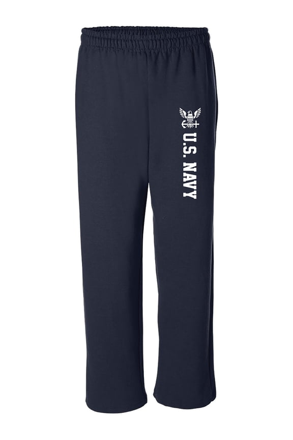 NAVY Open Bottom Military Style Sweat Pants with white print