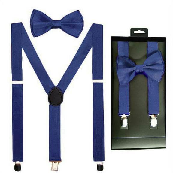 NAVY Teen or ADULT Size Bow Tie and Suspenders Combo Boxed Gift Set For Wedding, Prom or Party USA Seller!