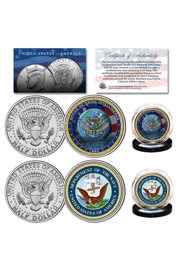 NAVY & USN INTELLIGENCE Branch JFK Half Dollar Military 2-Coin U.S. Set