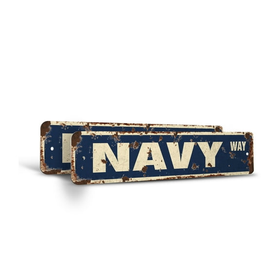 NAVY Vintage Style Rustic Street Sign – (2 Pack) New Road Us Seals Military Retro Decorative Wall Sign for Home, Bar, Garage, or Outdoor Use | 6" X 24" Aluminum Metal Road Sign